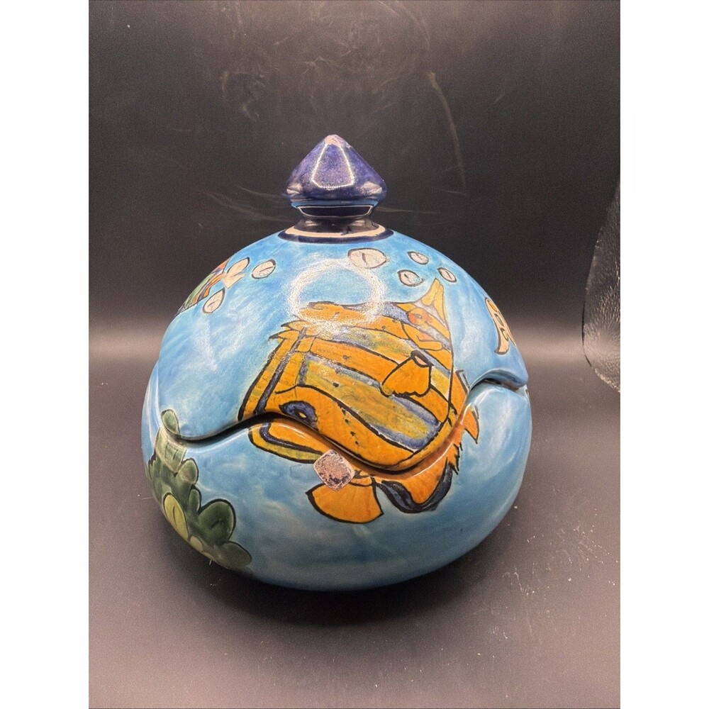 Mexico Talavera Pottery Blue Tropical Fish Canister Jar Fish